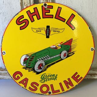 Vintage Porcelain Shell Oil Green Streak Gasoline Pump Plate Sign