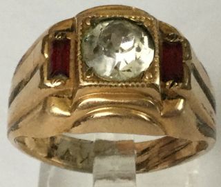 Handsome Vintage Estate Mens White Sapphire & Ruby Gold Filled Ring Sz 10.  5 Ao41