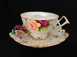 Vtg.  Japanese Tea Cup And Saucer Reticulated Luster Ware Hand Painted Roses
