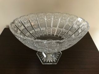 Vintage Czech Queen Lace Hand Cut Lead Crystal Oval Pedestal Bowl 12 " Wide