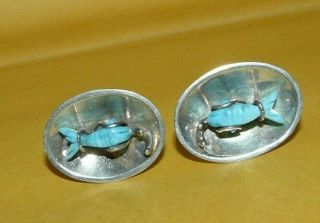 Vintage Mexico " 925 " Sterling Silver W/ Carved Turquoise " Fish " Earrings Signed