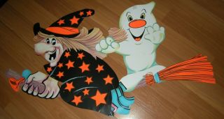 Vintage Eureka Halloween Flying Witch On Broom With Ghost Die Cut Decoration