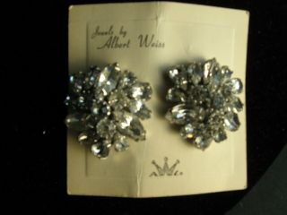 Vintage Signed Albert Weiss Clear Rhinestones Clip - On Earrings On Sales Card
