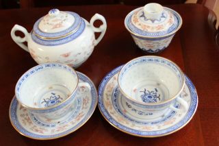 Vintage Chinese Porcelain Dragon Rice Grain Pattern Tea Cup Saucer Bowl W/ Lid