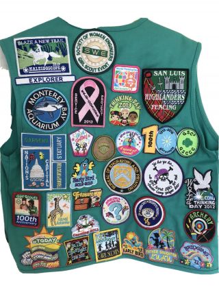Vintage 90s Green Girl Scout Vest Sz.  M Over 60 Patches Badges Pins