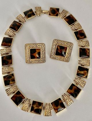 Vintage Collar Necklace / Clip Earrings Set Faux Tortoiseshell Matte Gold Tone