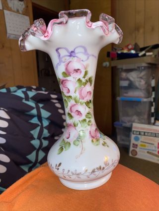 Vintage 8” Fenton Pink Charleton Hand Painted Silver Crest Ruffled Top Vase