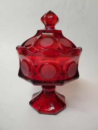 Vintage Fostoria Coin Glass Ruby Red Lidded Wedding Bowl Compote Collectible