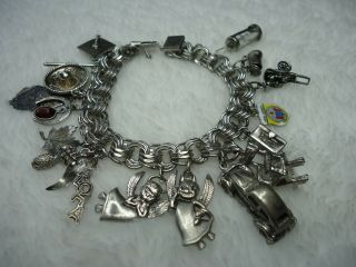 Vintage Sterling Silver 16 Charms Bracelet Vw Beetle Hour Glass Hope Chest Angel