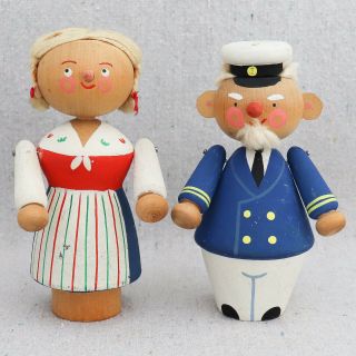 Vintage Swedish Hand Painted Sea Captain & Wife Wooden Toy Figurines