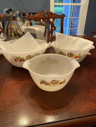 Vtg Set 3 Anchor Hocking Fire King Chanticleer Mixing Bowls Rooster