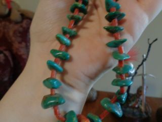 Vintage Native American Turquoise and Coral Necklace with Sterling Silver Caps 2