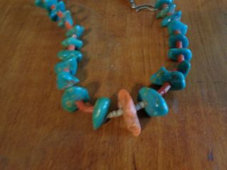 Vintage Native American Turquoise and Coral Necklace with Sterling Silver Caps 3