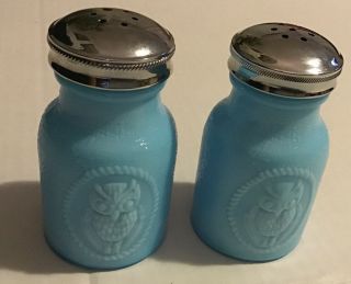 Vintage Blue Milk Glass Salt And Pepper Shakers Set Embossed Owl