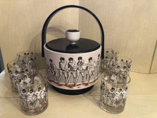 Vintage Cera “tennis” Ice Bucket With 6 Matching Glasses