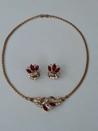 Vintage Signed Crown Trifari Ruby Red & Clear Rhinestone Necklace & Earrings Set