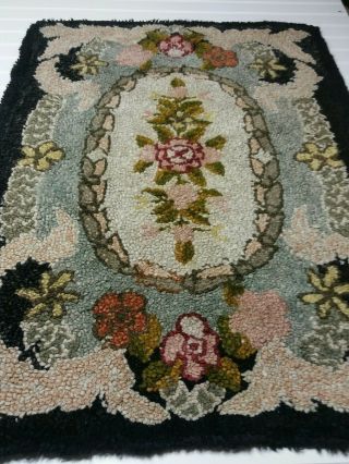 Vintage Hand Hooked Wool Rug Muted Colors Floral Design With Black 24 " X 35 "