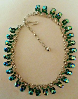 Vintage Trifari Silver Tone Green & Blue Aurora Borealis Flower & Leaf Necklace