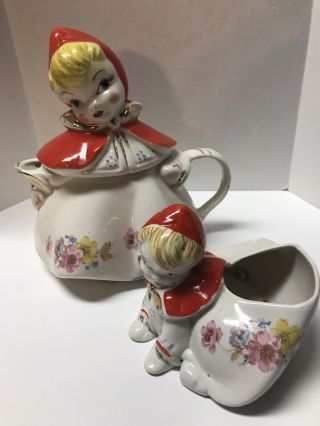 Vintage Usa Pottery Little Red Riding Hood Teapot & Tea Bag Sponge Holderplanter