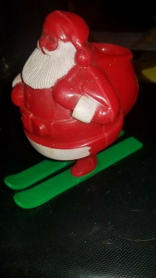 Vintage Santa Claus On Skis Candy Container Hard Plastic Christmas Rosen.