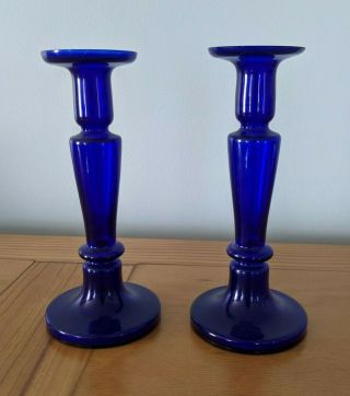 Vintage 2 Cobalt Blue Glass Candle Holders Made In Germany 8 1/2 Inches Tall