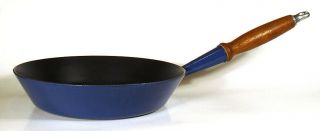 Vintage Le Creuset Enamel Skillet Frying Pan No.  24 Teak Wood Handle Cobalt Blue