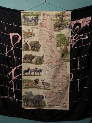 Vtg Kruger National Park Map Fabric Safari South Africa Wall Tapestry Hanging