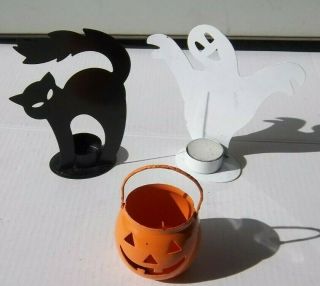 Vintage Metal Hosley U.  S.  A.  Halloween Pumpkin Jack - O - Lantern With Cat And Ghost