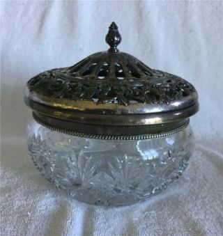 Vintage 7 And 1/4 Wide American Brillant Cut Glass Bowl With Silver Rim And Top