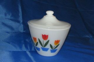 Vintage Fire King White Milk Glass Tulip Grease Jar Bowl With Lid Great Shape