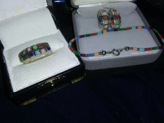 Vintage.  925 Sterling Silver & Enamel Rainbow Tile Lgbq Ring / Cuff Earrings Set