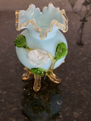 Vintage 5” Tall Fenton ? Small Glass Ruffled Bud Vase W/glass Flower Overlay