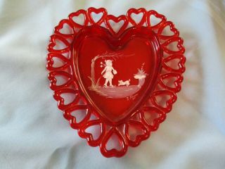 Vtg Ruby Red Westmoreland Lacy Heart Shaped Plate Mary Gregory Ice Skates W Dog