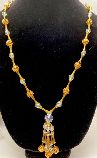 Vintage Gold Tone Necklace With Pendant And Ab Crystal Beads