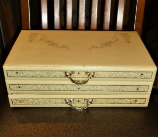 Vintage Large Ivory/beige Jewelry Box Red Velvet Lined Faux Leather With Mirror