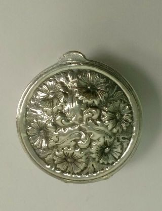 Vintage Sterling Silver Pill Box W/ Raised Repousse Floral Design