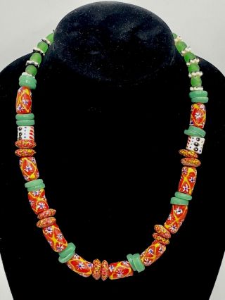 Vintage Ethnic Tribal African Venetian Glass Trade Bead Necklace - Green Red