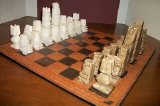 Vintage Chess Set Aztec/ Mayan Marble/quartz Hand Carved Complete -