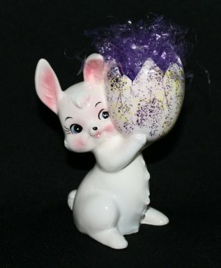 Vintage Norcrest White Bunny Rabbit Holding Cracked Egg Ceramic Planter Figurine