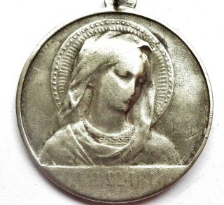Portrait Of Holy Mary - Antique Silver Vatican Art Medal Pendant Signed Dropsy