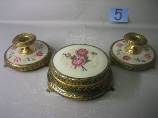 Set Of Vintage Hand Made Jewelry Box And Candle Holders