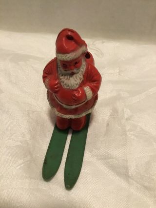 Vintage Irwin Hard Plastic Santa Candy Container On Metal Skis