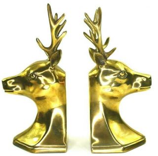 Vintage Brass Deer Head Bookends 9.  5 " Tall