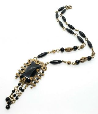 Lovely Vintage Art Deco Brass Black Art Glass Floral Filigree Dangle Necklace