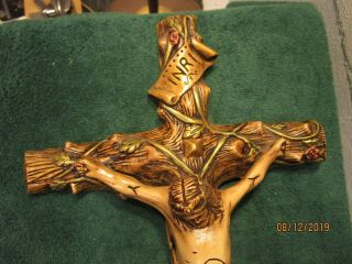 Large Chalkware Plaster Catholic vtg Wall Cross Christian Jesus Statue Crucifix 3