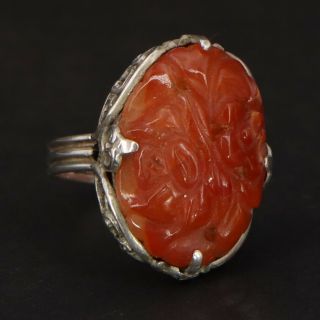 Vtg Sterling Silver - Chinese Export Carved Red Jade Filigree Ring Size 6 - 5g