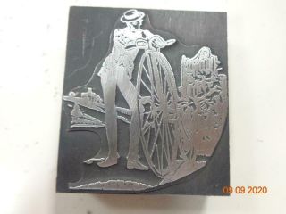 Printing Letterpress Printer Block Vintage Man W Penny Farthing Bike Print Cut