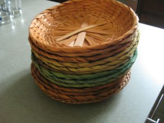 Set Of 13 Vintage Wicker Paper Plate Holders Colorful Rattan Picnic Bbq Party