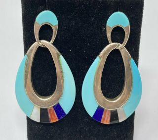 Vintage Southwest Tca Large Sterling Multi Stone Inlay Dangle Earrings (18.  8g)