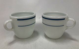 Set Of 2 Vintage Pyrex White Milk Glass Corning Coffee Mugs Blue Stripe/band 723